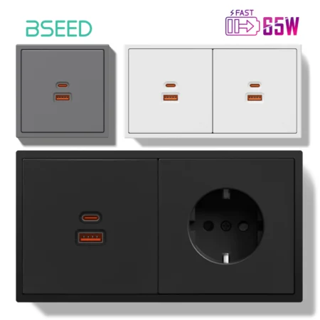 BSEED 65W USB Type-c Phone Charge Wall Socket Europe Super Quick Fast Port Plastic EU Sockets Power Outlets Home Use E-Series